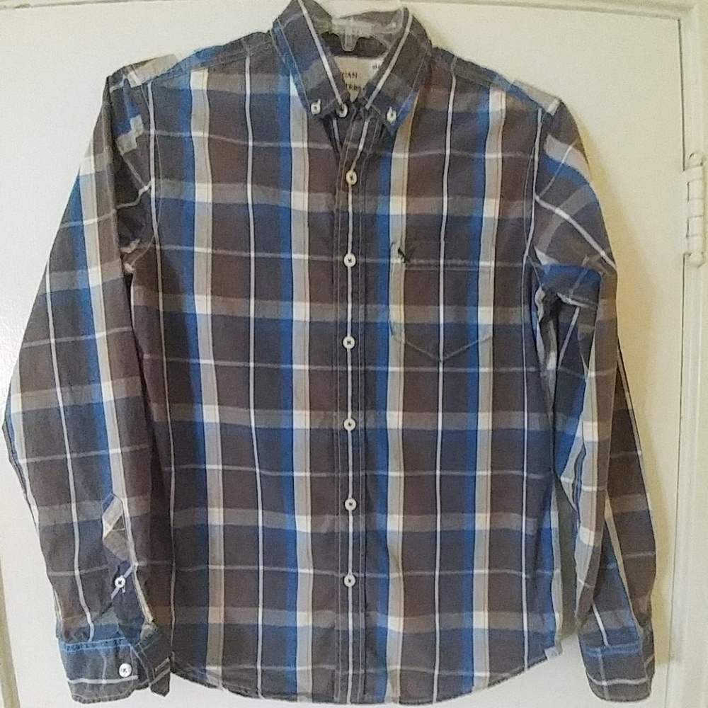 American Eagle Men's Brown/Blue Plaid Shirt Athletic Fit S